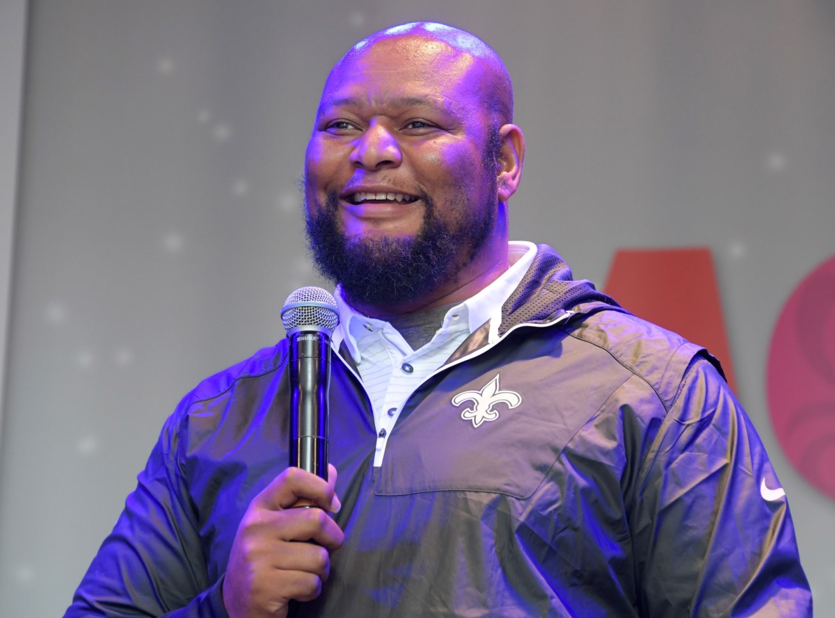 Sep 29, 2017; London, United Kingdom; New Orleans Saints former running back Deuce McAllister speaks on the main stage during NFL on Regent Street. Mandatory Credit: Kirby Lee-USA TODAY Sports
